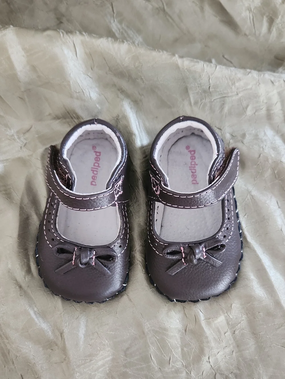 pediped Chocolate Brown Mary Jane Baby Shoes with Pink Stitching